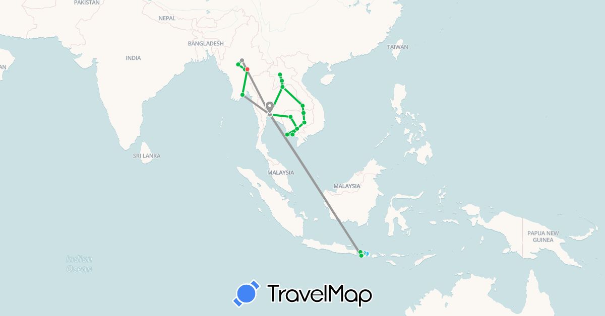 TravelMap itinerary: driving, bus, plane, hiking, boat in Indonesia, Cambodia, Laos, Myanmar (Burma), Thailand (Asia)